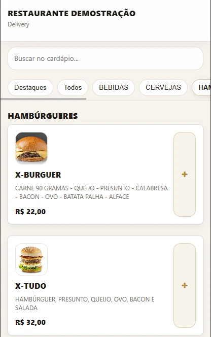 Cardápio digital do Oh Garçom aberto no celular do cliente