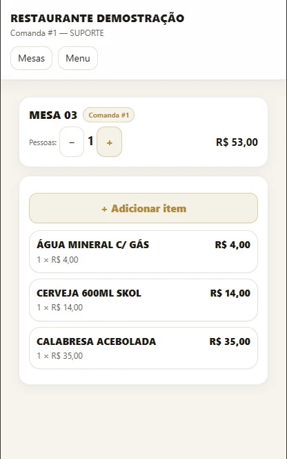 Comanda do Oh Garçom sendo operada pelo garçom no celular