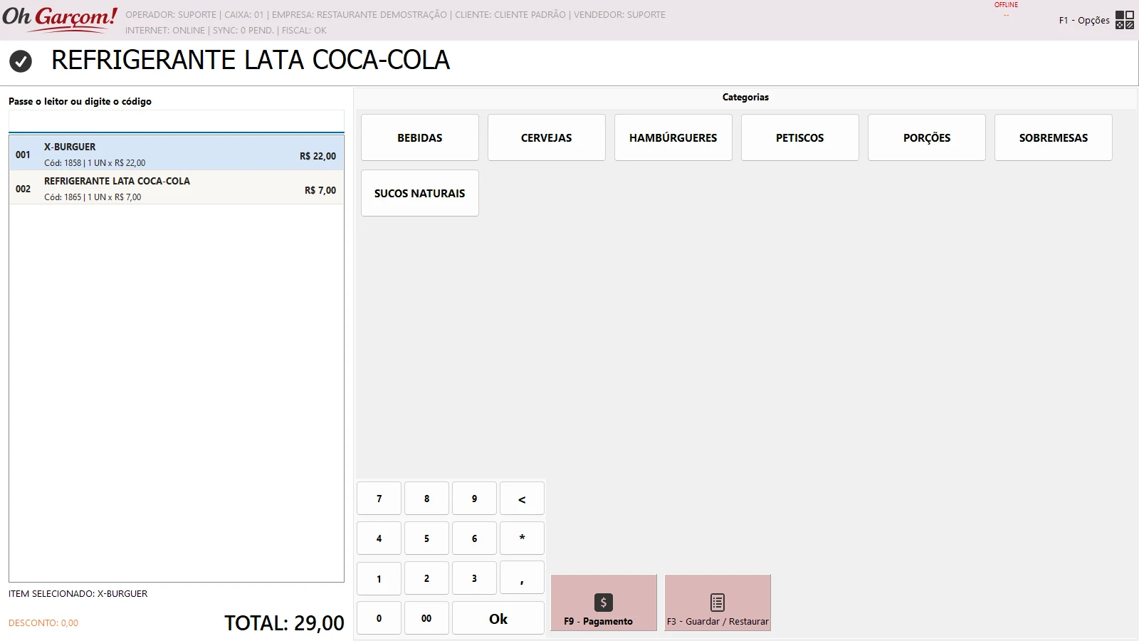 Interface touch do Oh Garçom PDV Offline